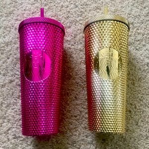 Starbucks Brand New Gold and Pink Bling Holiday Tumblers 24 Ounces